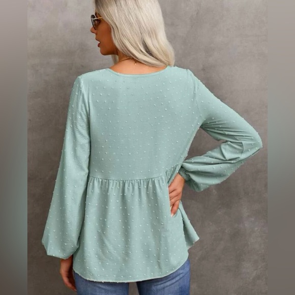 SHEIN Swiss Dot Button Detail Latern Sleeve Peplum Blouse Mint Green size Small - Picture 10 of 11